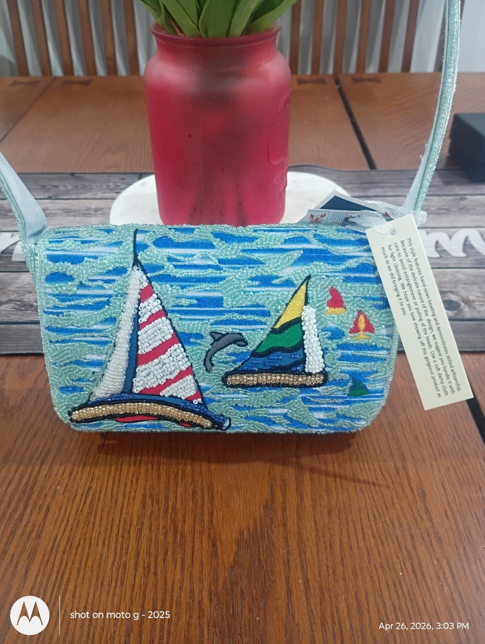 NEW Beaded Sailboat Motif Shoulder Bag in Blue and Red